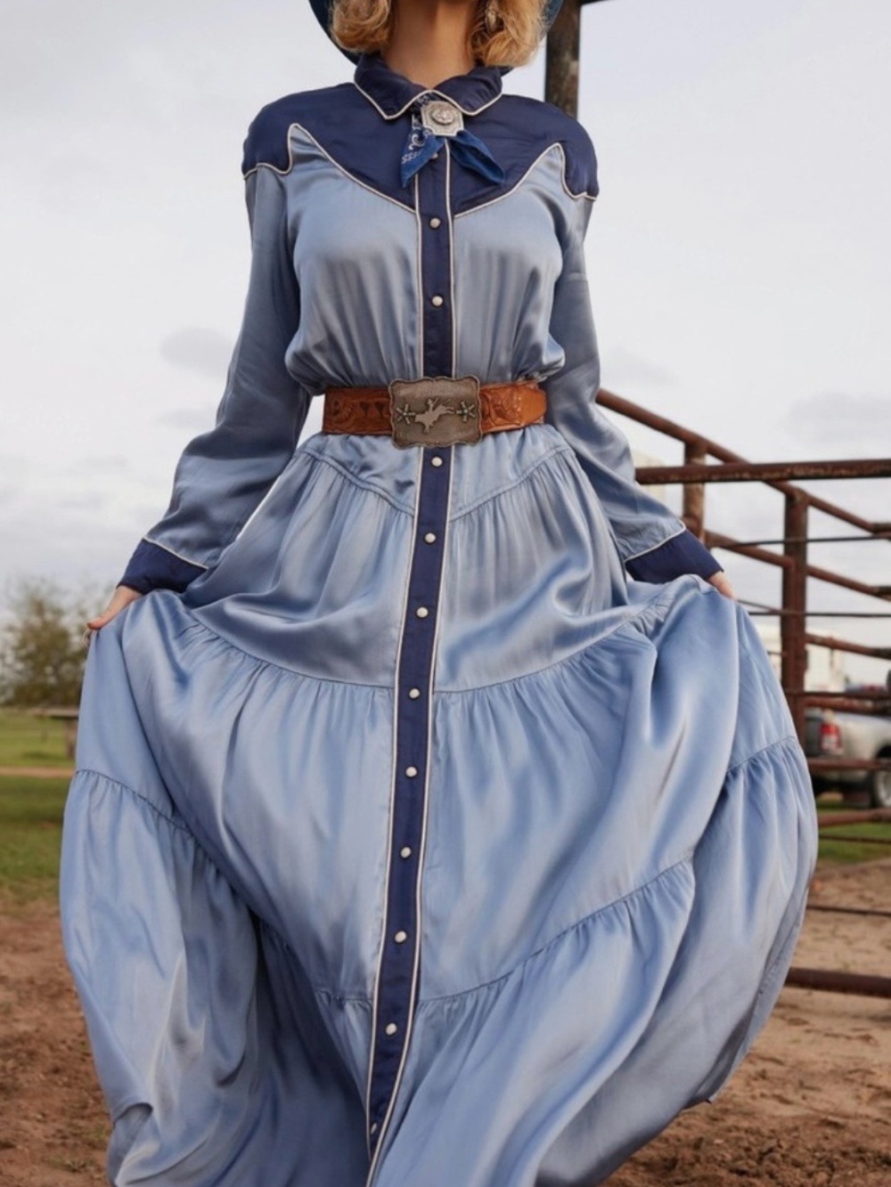 Western-Inspired Tiered Maxi Dress in Light Blue